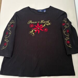 CB Casual Black Peace on Earth Poinsettia Embroidered 3/4 Sleeve Top XL Holiday